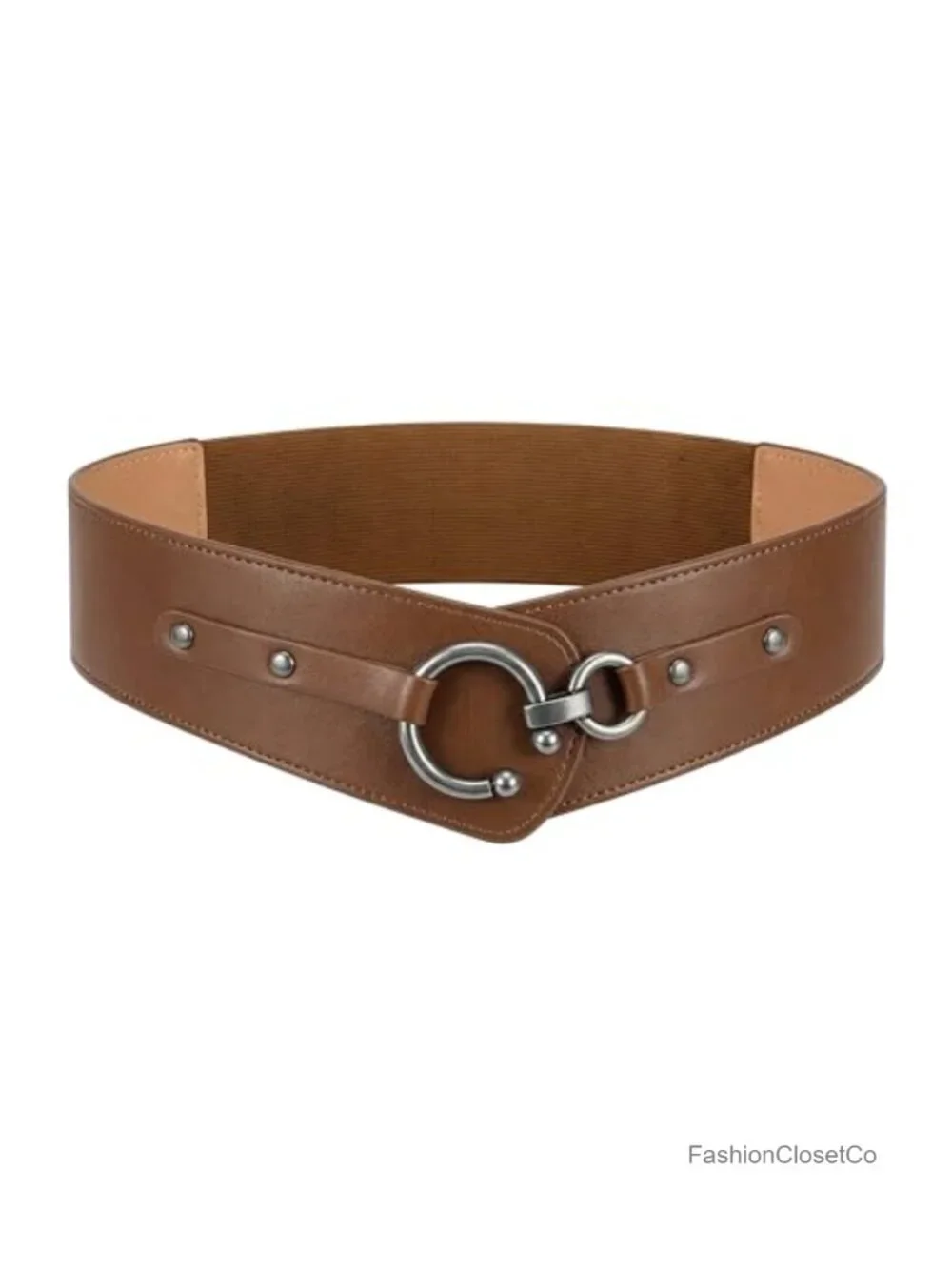 Wide Faux Leather Elastic Waist Belt with O-Ring Hook Closure